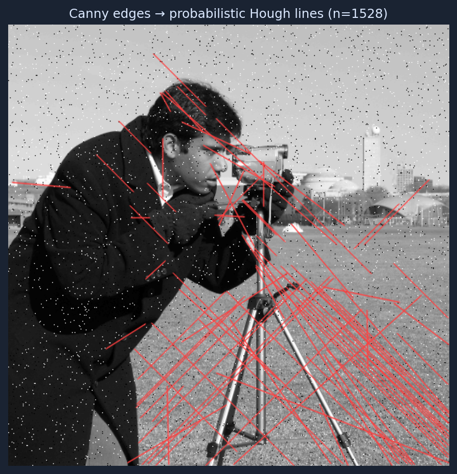Hough transform line segments overlaid on noisy grayscale image